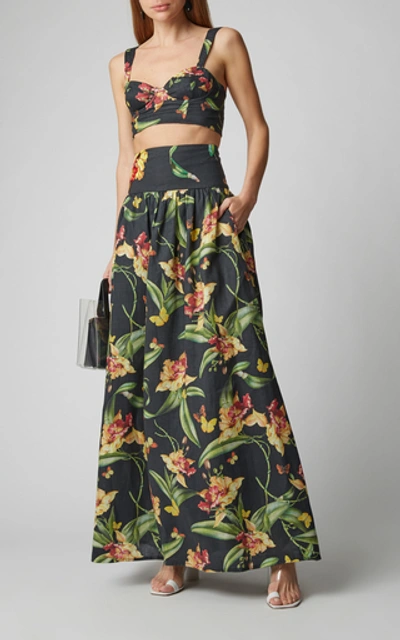 Shop Agua By Agua Bendita Tropical Painted Linen Maxi Skirt In Black