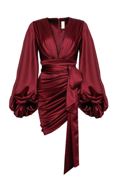 Shop Alexandre Vauthier Ruched Silk-blend Satin Mini Dress In Burgundy