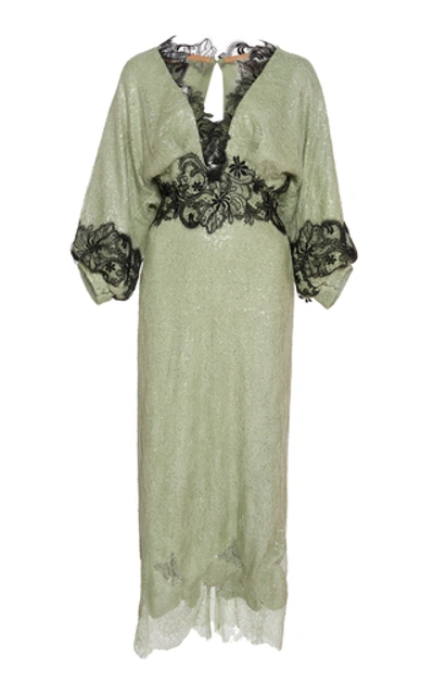 Shop Costarellos Gossamer Lace-trimmed Chantilly Lace Midi Dress In Green