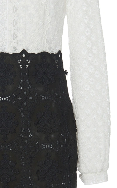 Shop Costarellos Two-toned Embroidered Cotton Guipure Midi Dress In Black