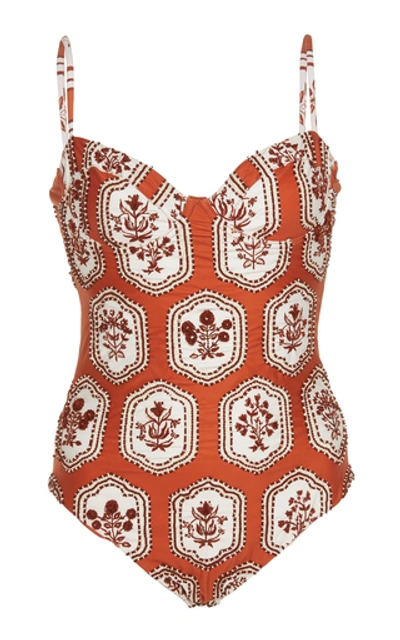 Shop Agua By Agua Bendita Cinnamon Floral-embroidered Swimsuit In Print