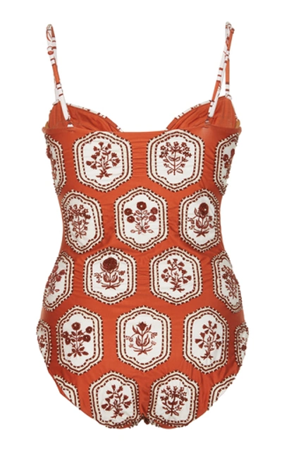 Shop Agua By Agua Bendita Cinnamon Floral-embroidered Swimsuit In Print
