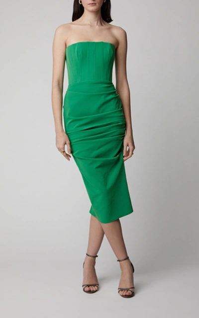 Shop Alex Perry Mena Ruched Stretch-crepe Midi Dress In Green