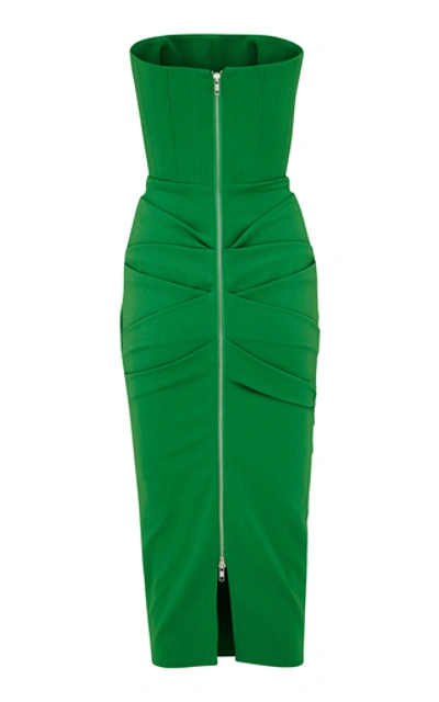 Shop Alex Perry Mena Ruched Stretch-crepe Midi Dress In Green