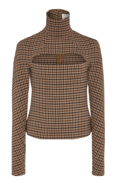 Shop A.w.a.k.e. Cutout Gingham Turtleneck Top In Brown