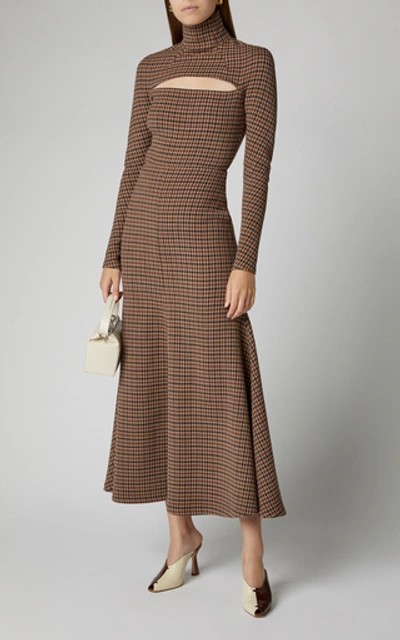 Shop A.w.a.k.e. Cutout Gingham Turtleneck Top In Brown