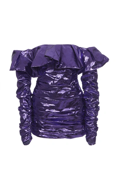 Shop Attico Off-the-shoulder Ruched Lamé Mini Dress In Purple