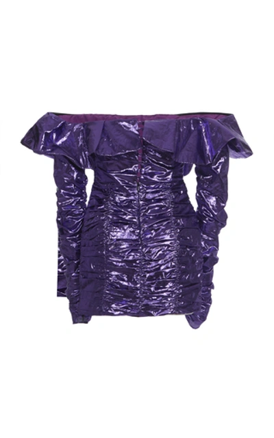 Shop Attico Off-the-shoulder Ruched Lamé Mini Dress In Purple