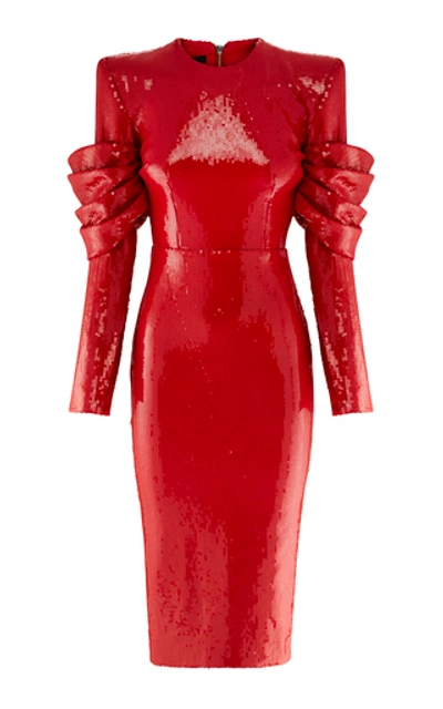 Shop Alex Perry Declan Draped Sequined Tulle Midi Dress In Red