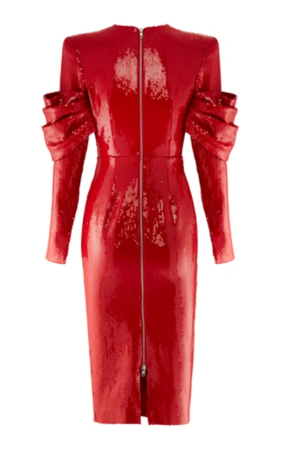 Shop Alex Perry Declan Draped Sequined Tulle Midi Dress In Red