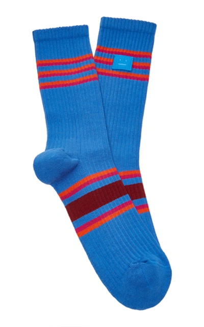 Shop Acne Studios Appliquéd Striped Ribbed Wool Socks In Blue