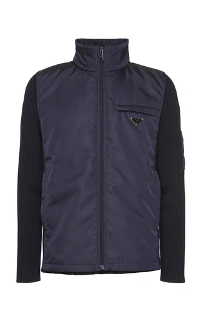 Shop Prada Navy Nylon Wool-sleeve Jacket