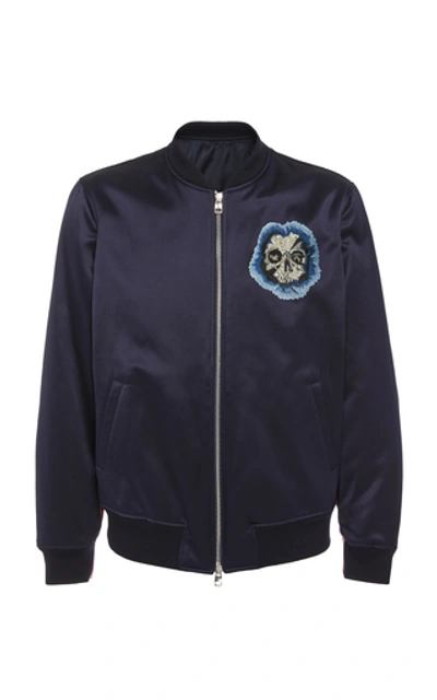 Shop Alexander Mcqueen Flower-embellished Two-tone Cotton And Silk Bomber Jacket In Navy