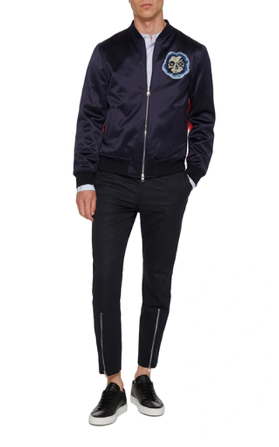 Shop Alexander Mcqueen Flower-embellished Two-tone Cotton And Silk Bomber Jacket In Navy
