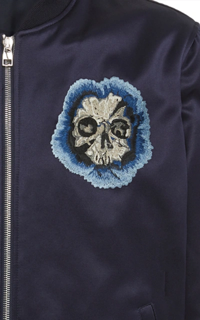 Shop Alexander Mcqueen Flower-embellished Two-tone Cotton And Silk Bomber Jacket In Navy