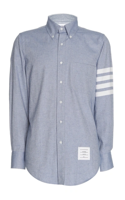 Shop Thom Browne Stripe-detailed Cotton-flannel Button-down Shirt In Blue
