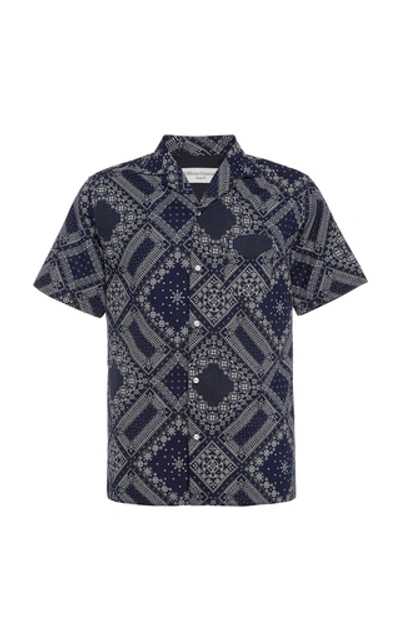 Shop Officine Generale Dario Camp-collar Printed Cotton Shirt In Navy
