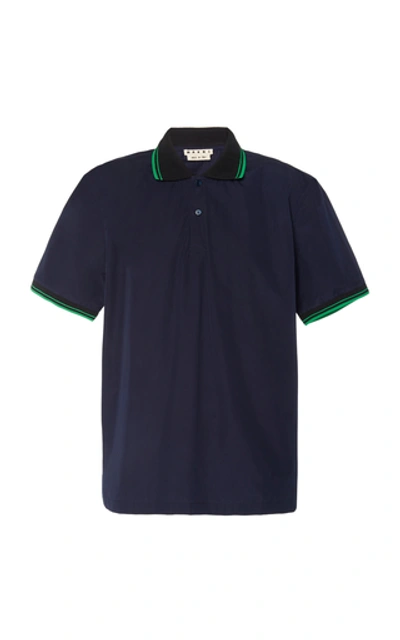 Shop Marni Stripe-detailed Cotton-blend Pique Polo In Navy