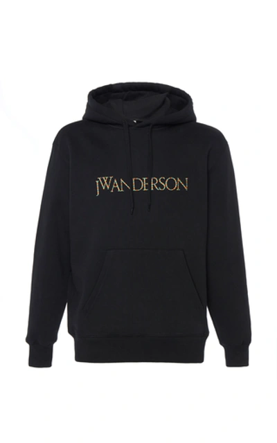 Shop Jw Anderson Logo-embroidered Cotton-jersey Hooded Sweatshirt In Black