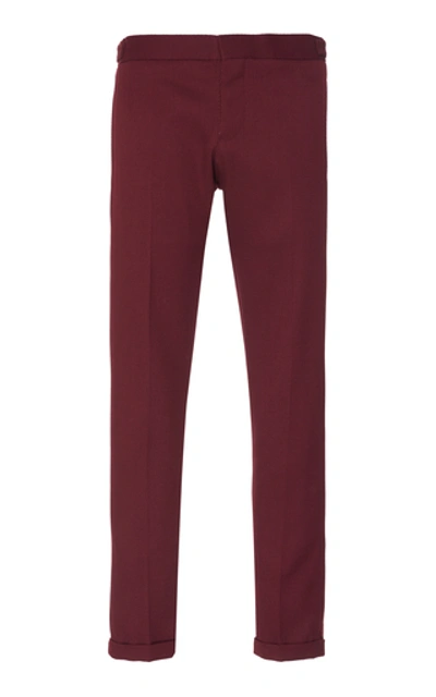 Shop Thom Browne Low-rise Side-stripe Wool-blend Trousers In Burgundy