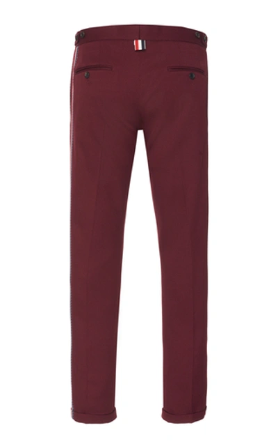 Shop Thom Browne Low-rise Side-stripe Wool-blend Trousers In Burgundy