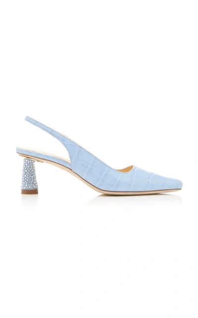 Shop By Far Diana Crystal-embellished Croc-effect Leather Pumps In Blue