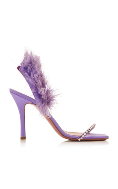 Shop Amina Muaddi Adwoa Feather And Crystal-embellished Satin Sandals In Purple