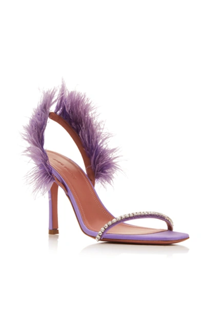 Shop Amina Muaddi Adwoa Feather And Crystal-embellished Satin Sandals In Purple