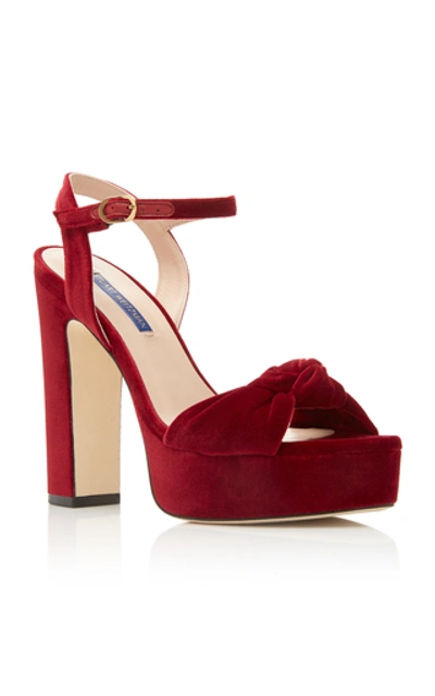 Shop Stuart Weitzman Mirri Knotted Velvet Platform Sandals In Burgundy