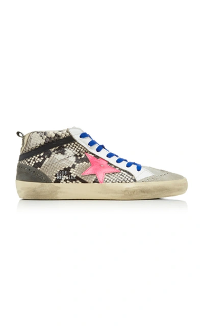 Shop Golden Goose Mid Star Distressed Snake-effect Leather And Suede Sneake In Animal