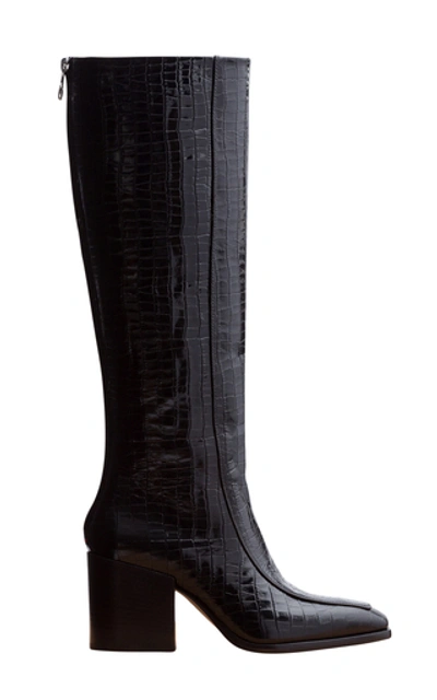 Shop Aeyde Charlie Croc-embossed Leather Knee-high Boots In Black