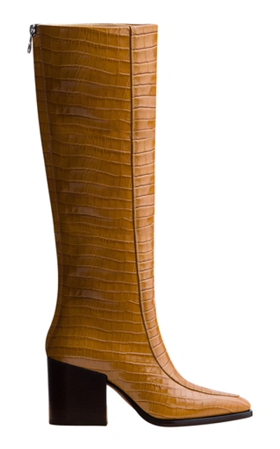 Shop Aeyde Charlie Croc-embossed Leather Knee-high Boots In Yellow