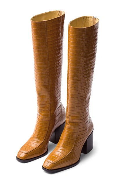 Shop Aeyde Charlie Croc-embossed Leather Knee-high Boots In Yellow