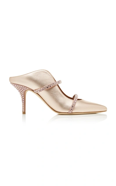 Shop Malone Souliers Maureen Crystal-embellished Metallic Leather Mules In Gold