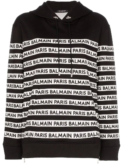 Shop Balmain Logo Print Tape Cotton Hoodie Black In Black & White