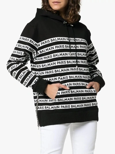 Shop Balmain Logo Print Tape Cotton Hoodie Black In Black & White