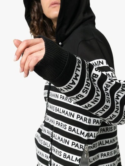 Shop Balmain Logo Print Tape Cotton Hoodie Black In Black & White