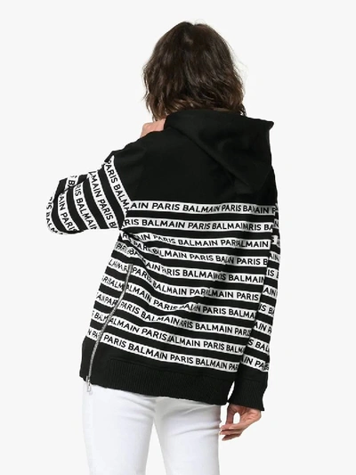 Shop Balmain Logo Print Tape Cotton Hoodie Black In Black & White