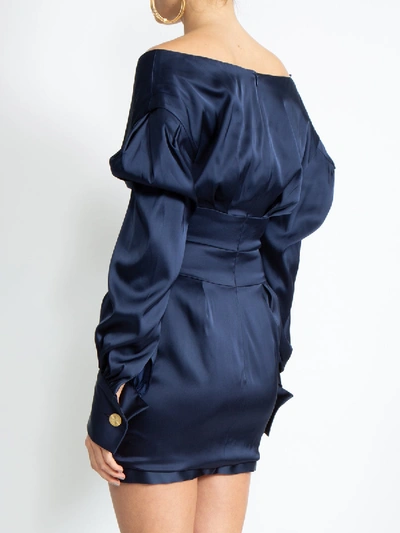 Shop Alexandre Vauthier Ruched Sleeve Mini Dress In Blue