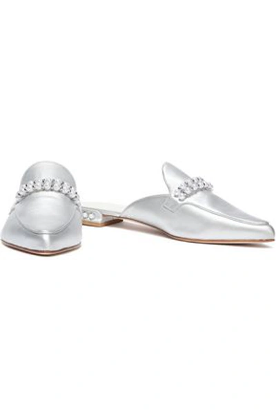 Shop Stuart Weitzman Faux Pearl-embellished Leather Slippers In Silver