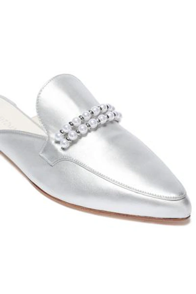 Shop Stuart Weitzman Faux Pearl-embellished Leather Slippers In Silver