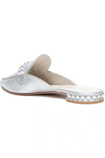 Shop Stuart Weitzman Faux Pearl-embellished Leather Slippers In Silver