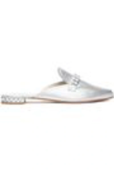 Shop Stuart Weitzman Faux Pearl-embellished Leather Slippers In Silver