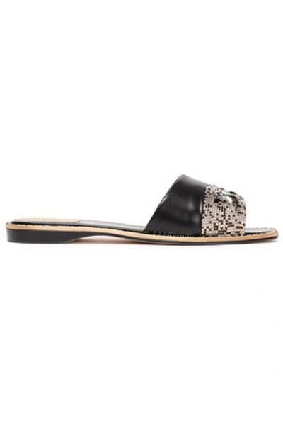 Shop René Caovilla Rene' Caovilla Woman Embellished Satin And Leather Slides Black