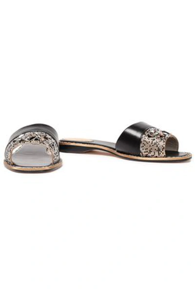 Shop René Caovilla Rene' Caovilla Woman Embellished Satin And Leather Slides Black