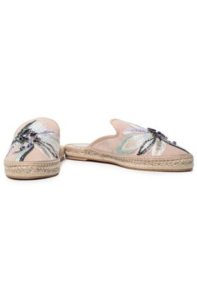Shop René Caovilla Embellished Suede Slippers In Neutral