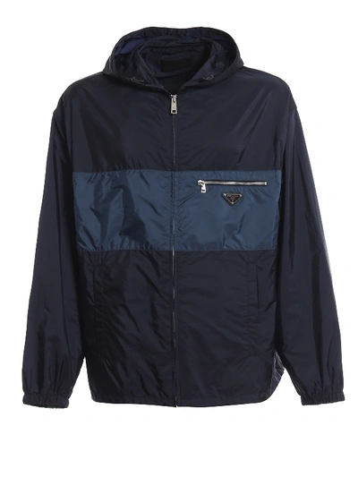 Shop Prada Colour Block Hooded Windbreaker In Blue