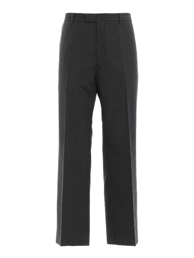 Shop Prada Striped Wool And Mohair Trousers In Dark Grey