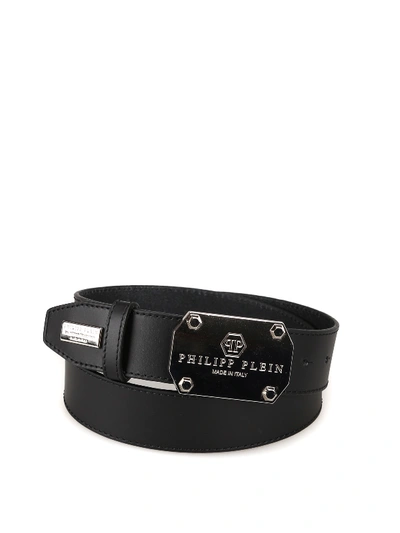 Shop Philipp Plein Original Logo Plaque Black Leather Belt