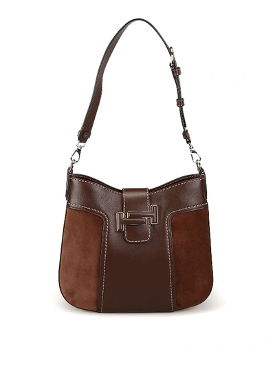 Shop Tod's Double T Suede And Leather Hobo Bag In Brown